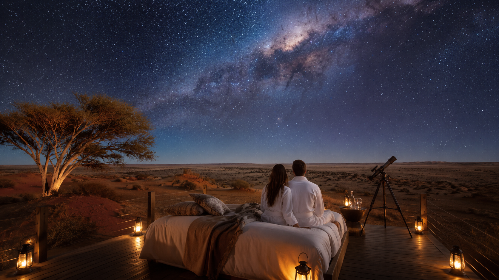 Star bed on a lantern-lit deck beneath the Milky Way in the Kalahari, Northern Cape