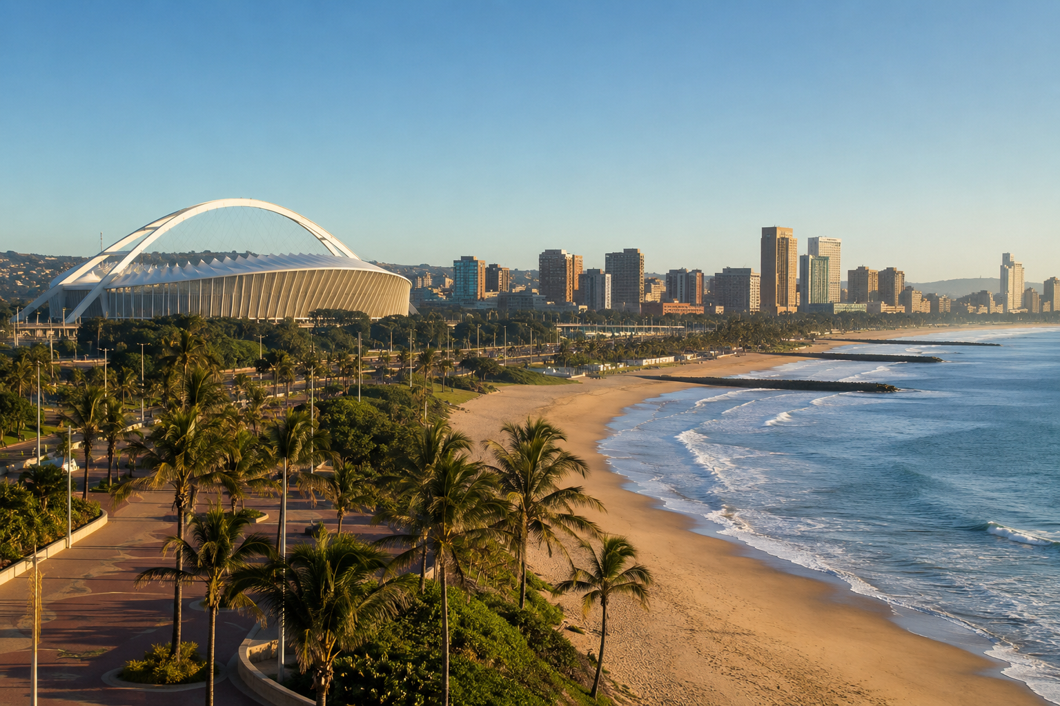Moses Mabhida Stadium, the Durban beachfront promenade and the Indian Ocean coastline in early morning light
