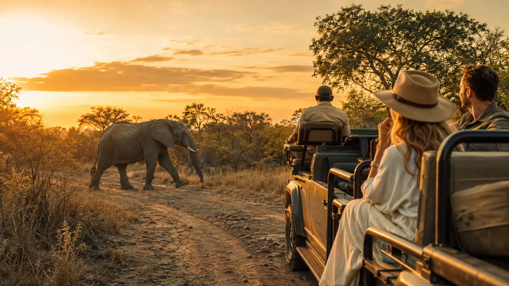 Guests in an open safari vehicle watching an elephant cross a track at sunset in the Kruger region
