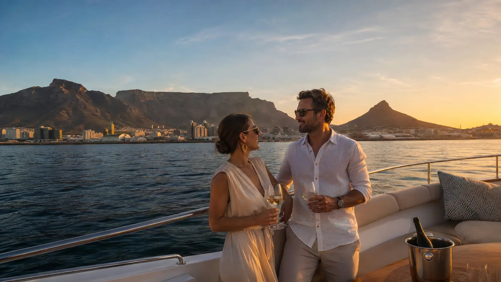 Couple with wine on the deck of a private yacht at sunset with Table Mountain and Lion's Head behind them