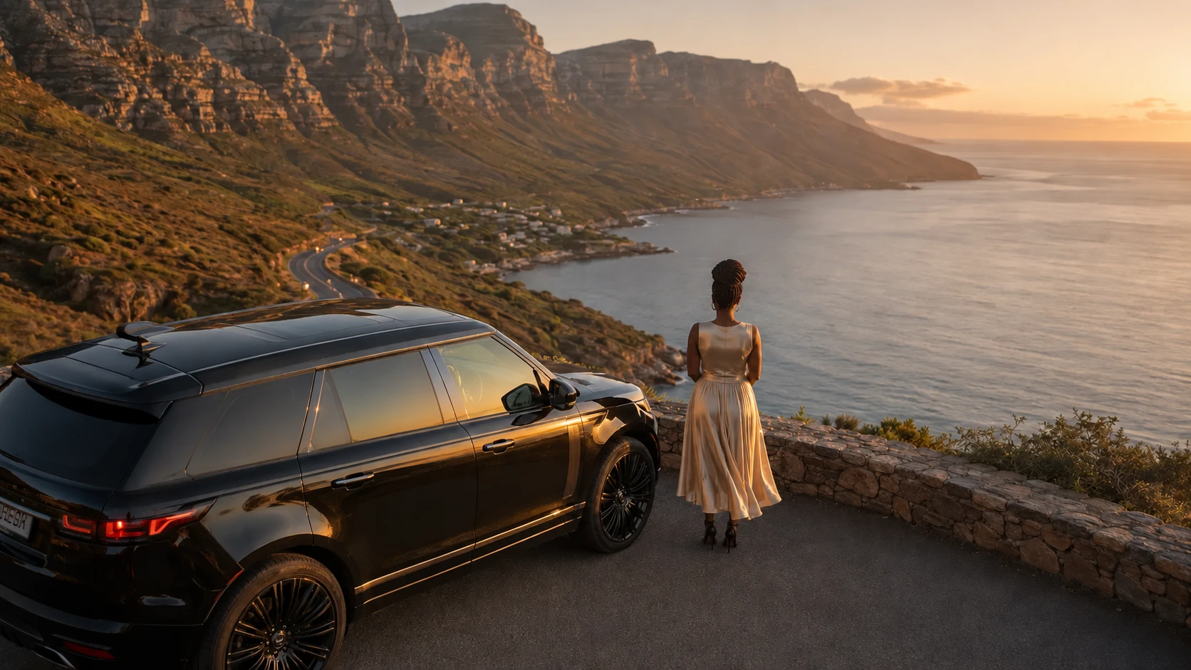 Traveller in a champagne satin dress standing beside a black luxury SUV at Chapman’s Peak, Cape Town.