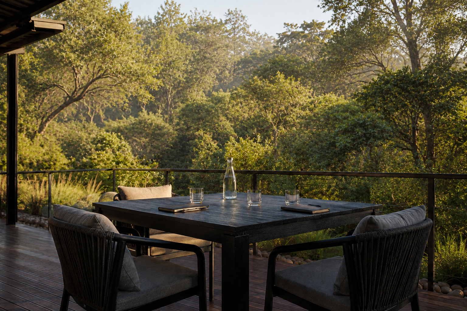 Private executive retreat terrace overlooking a secluded South African indigenous forest.