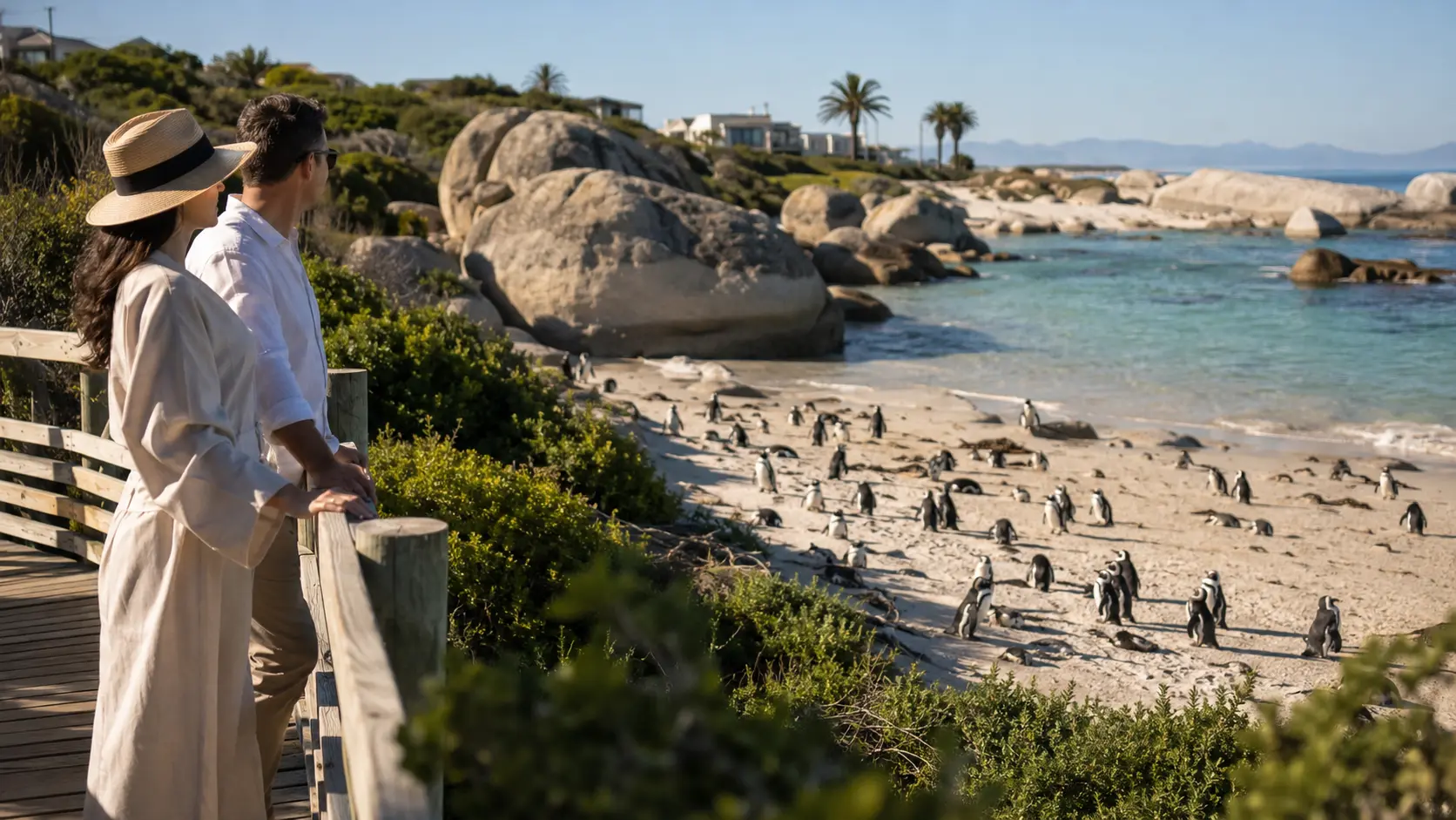 Two travellers on a boardwalk watching African penguins on the sand at Boulders Beach, Simon's Town