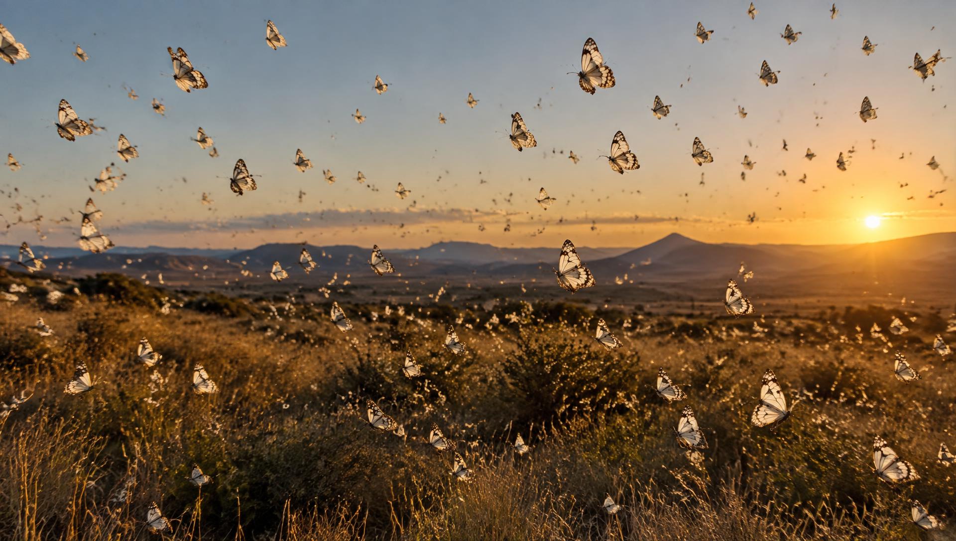 Brown-veined white butterflies crossing South African grassland at golden hour (placeholder image)