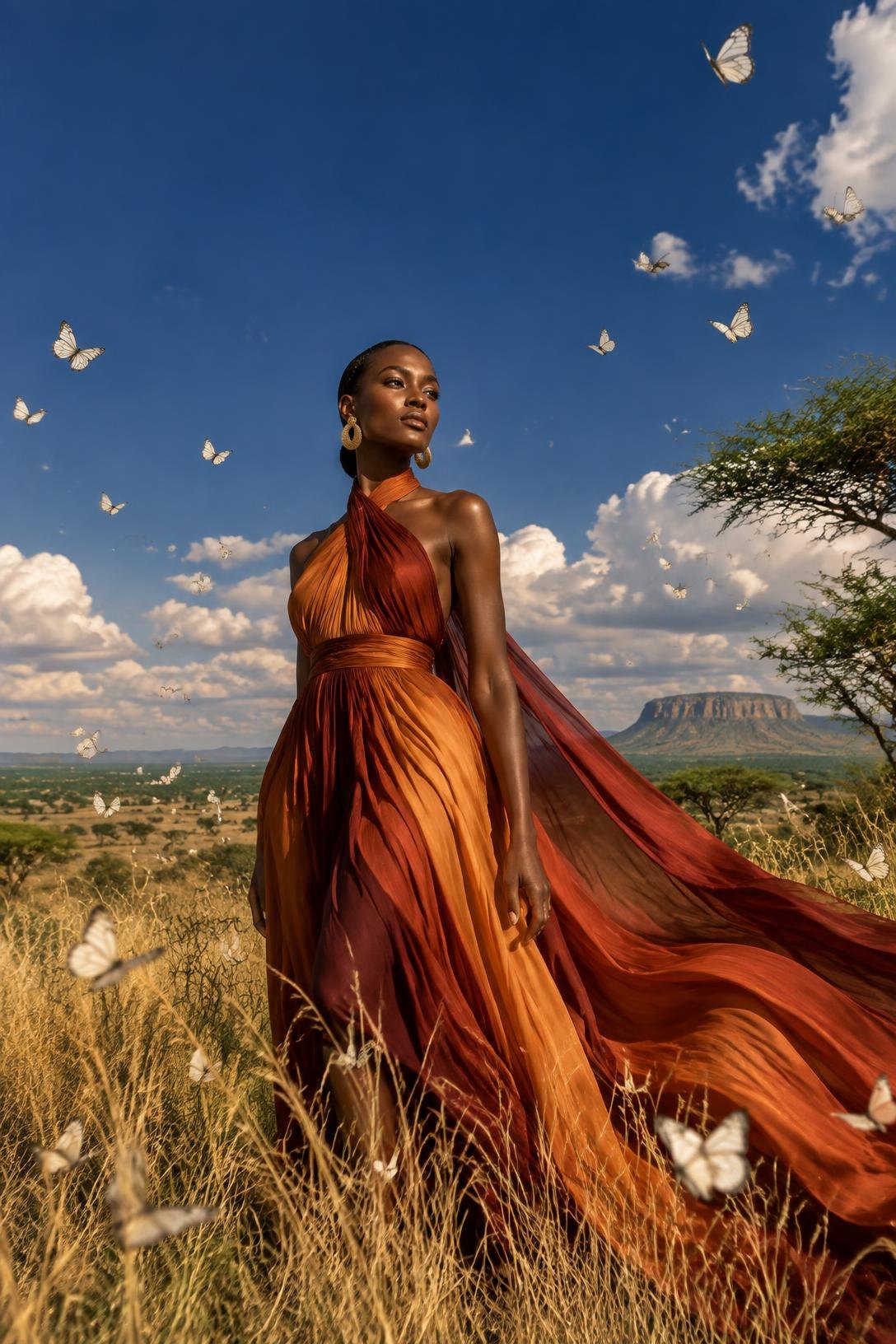 A woman in a flowing burnt-orange gown in golden Highveld grassland under a deep blue sky, small white butterflies drifting past