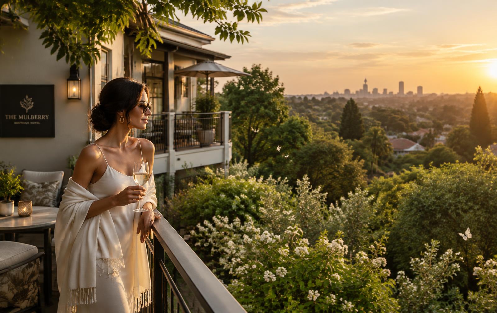 Guest on a low-rise boutique hotel terrace in a leafy Johannesburg suburb, Sandton skyline distant on the horizon