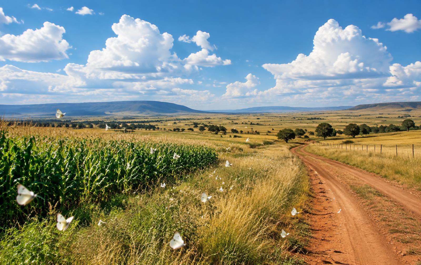 Small white butterflies crossing Highveld farmland beside a red dirt road